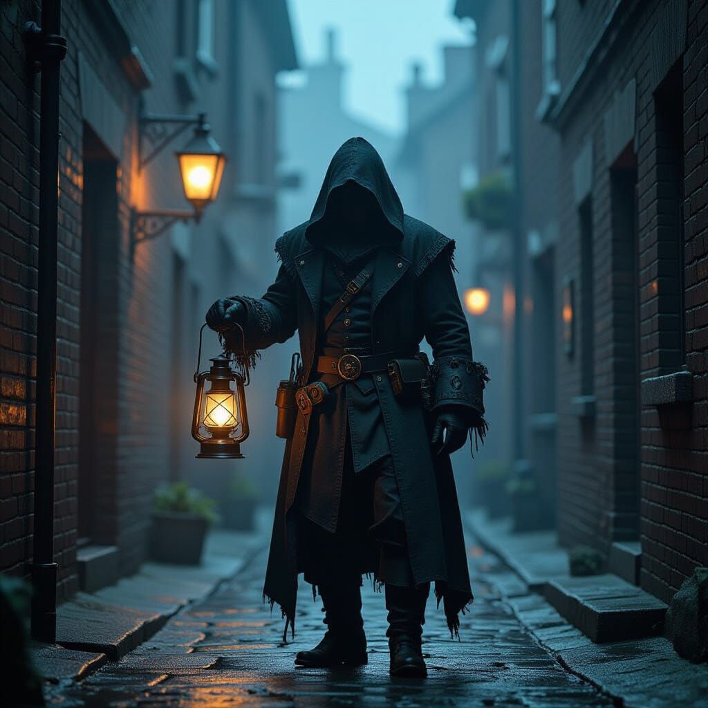 Menacing Figure in Foggy London Alleyway