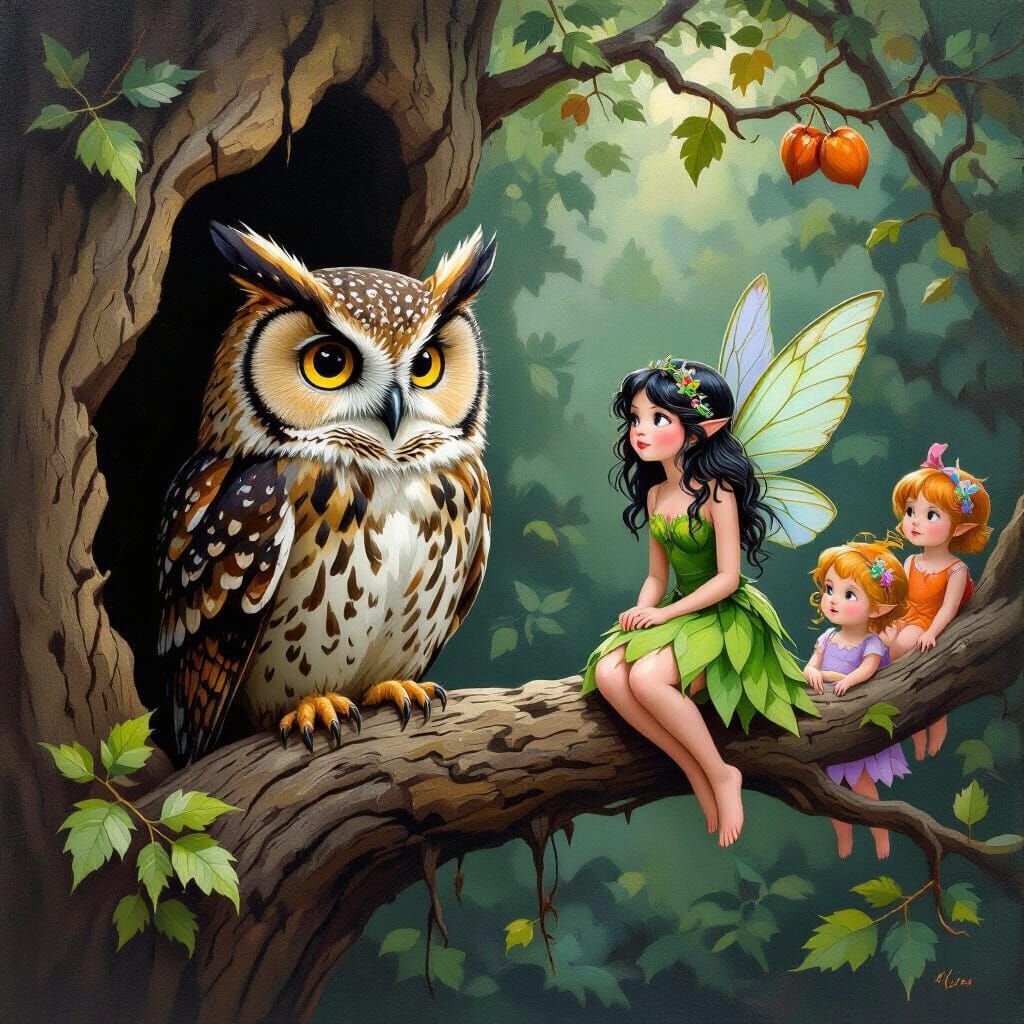 Grumpy Owl and Fairy Conversation in Gouache Style