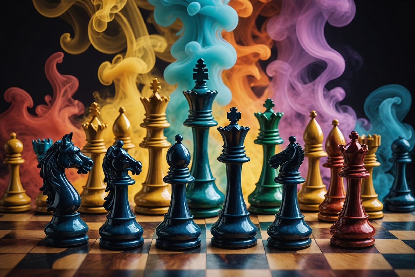 Fractal Chess Pieces in Multicolored Smoke: 8k Photography