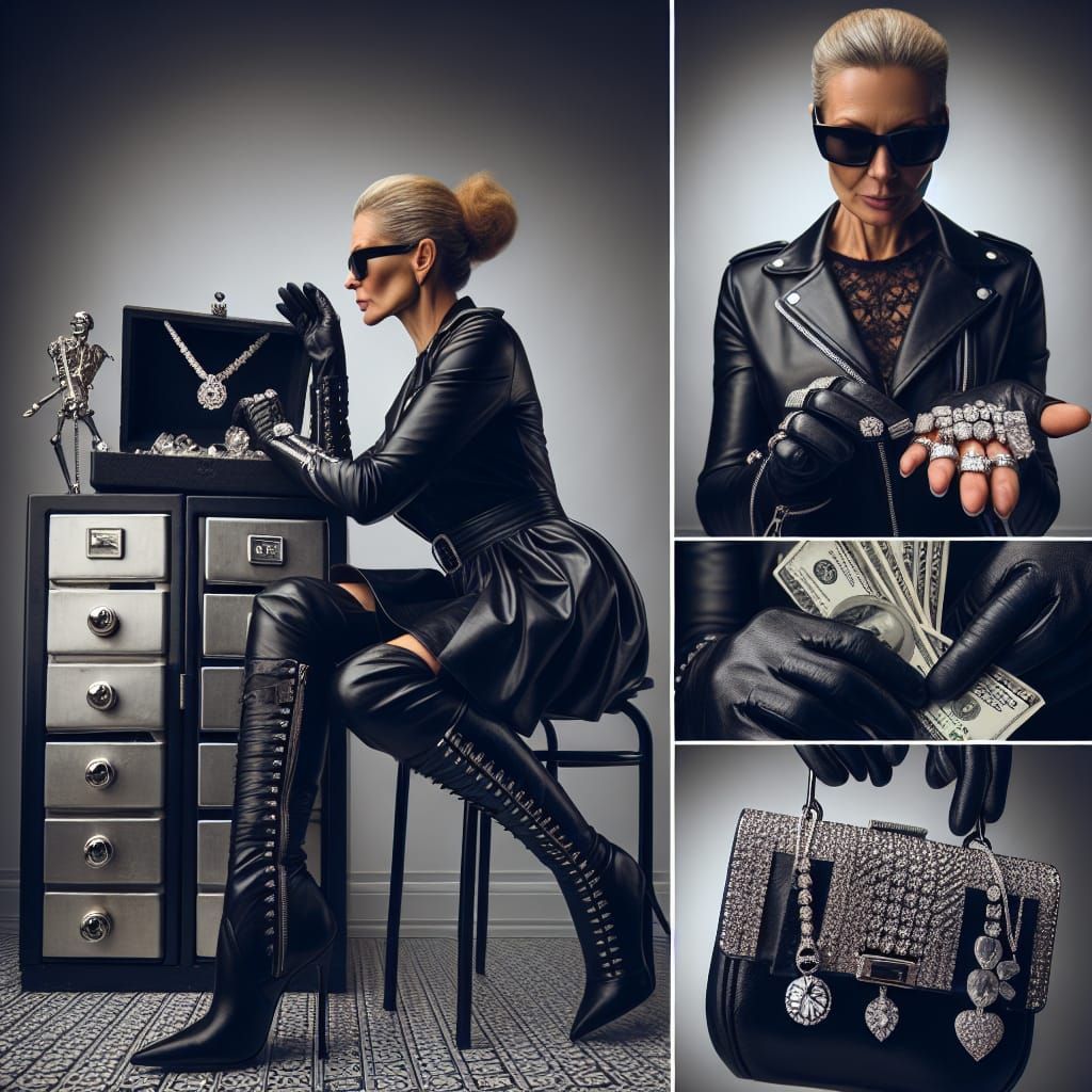 Woman in Black Leather Adorns Herself with Diamonds