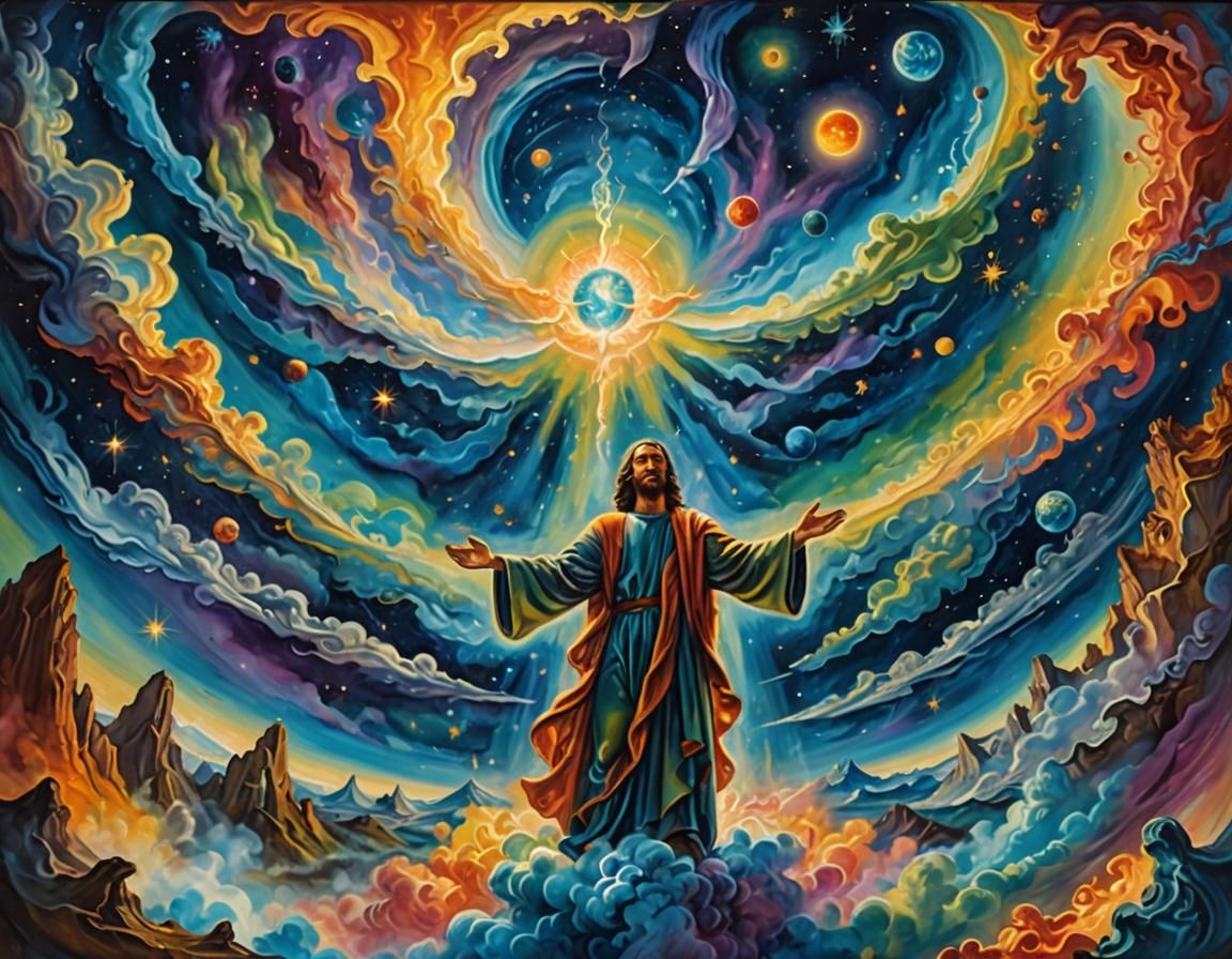 Ethereal God Overlooking Reality as Surreal Oil Painting