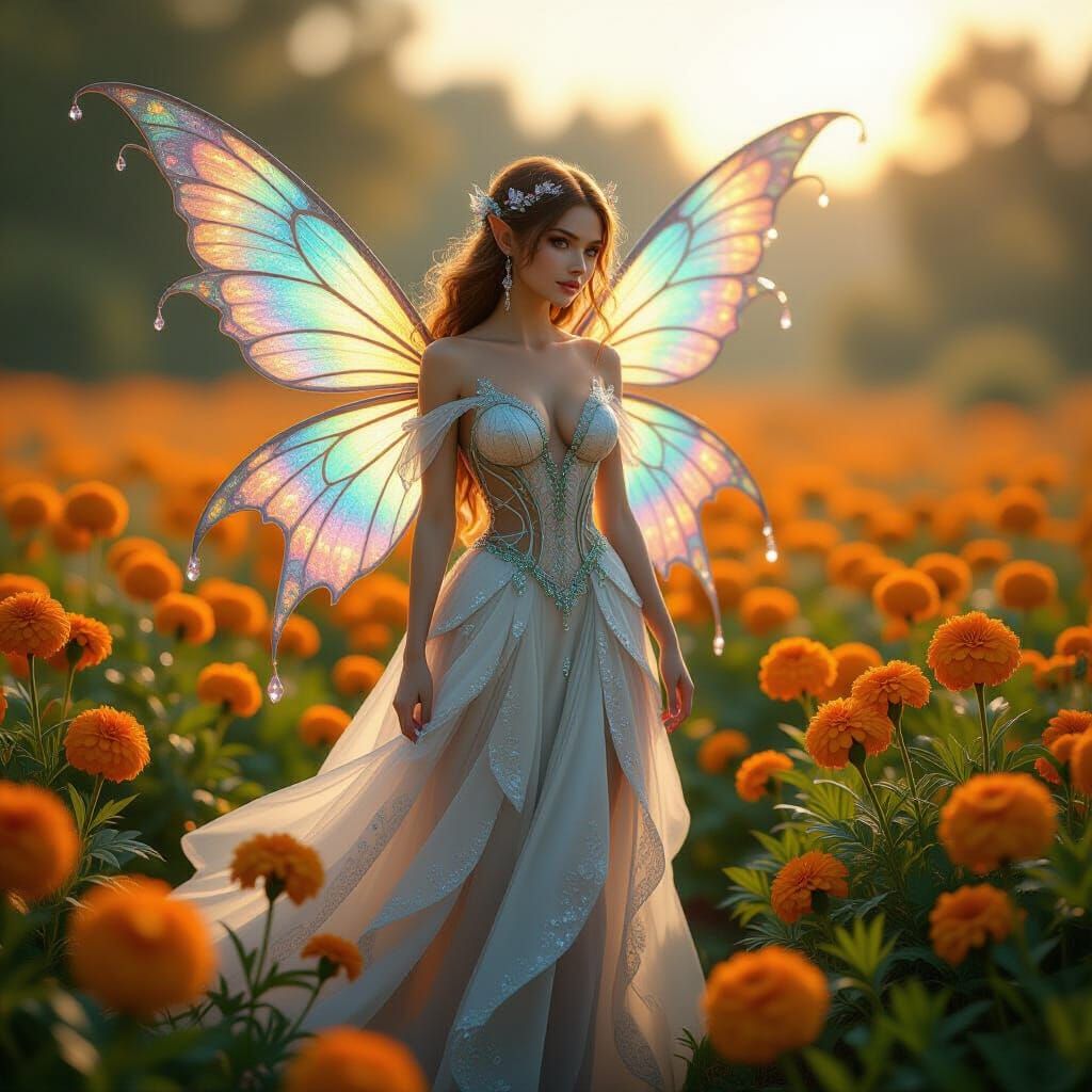 Detailed Fairy in Marigold Field, Fantasy Matte Painting