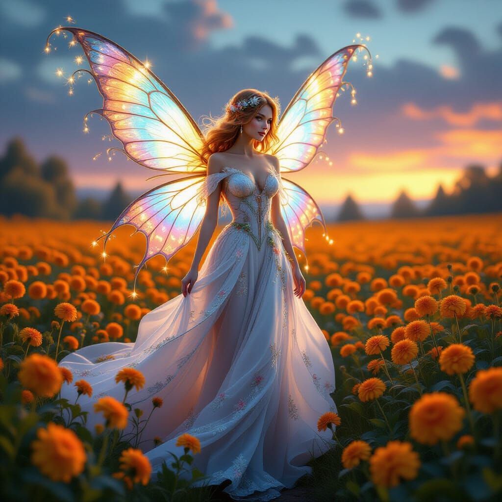 Intricately Detailed Fairy in Marigold Field, Matte Painting...