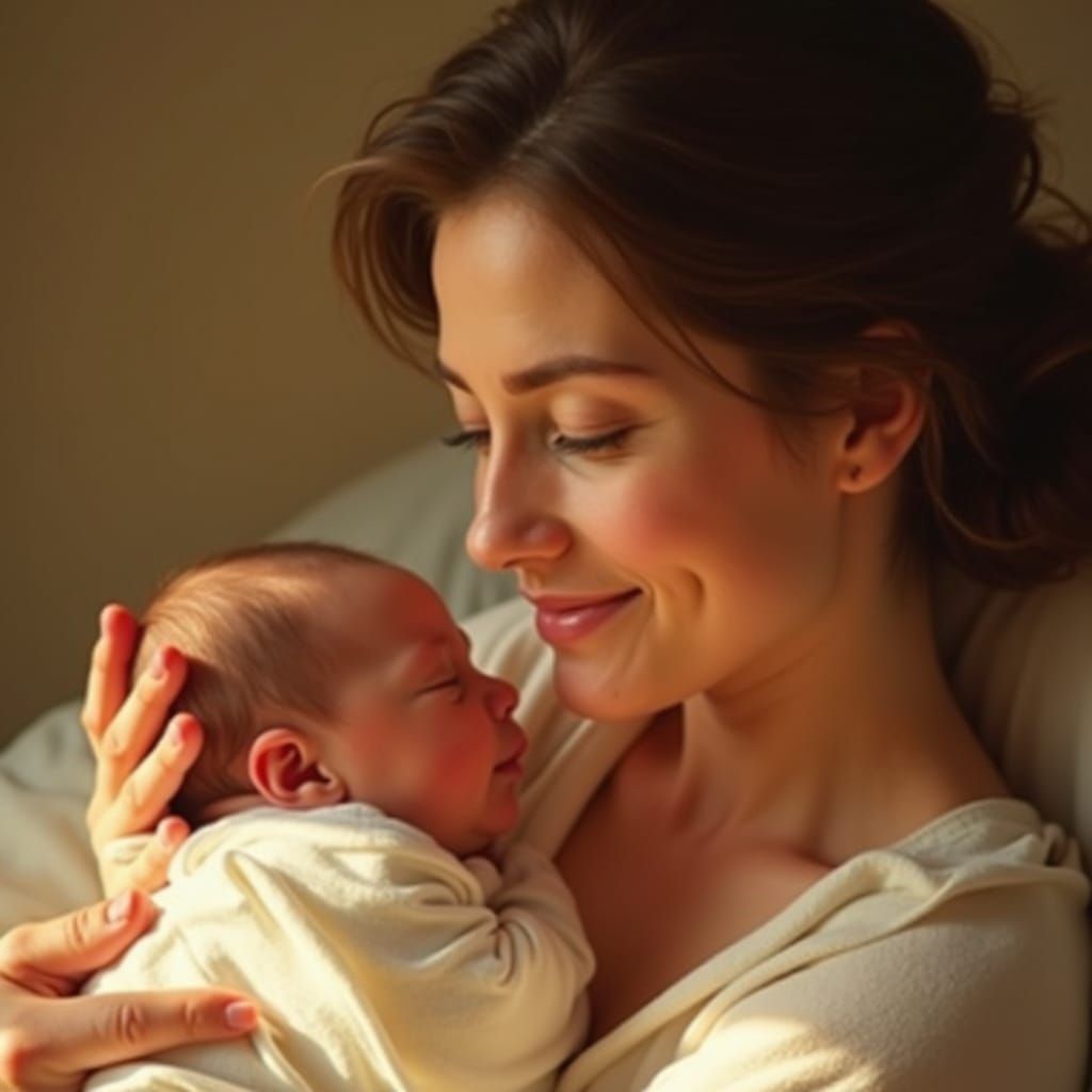 Mother's Loving Gaze at Newborn in Golden Light