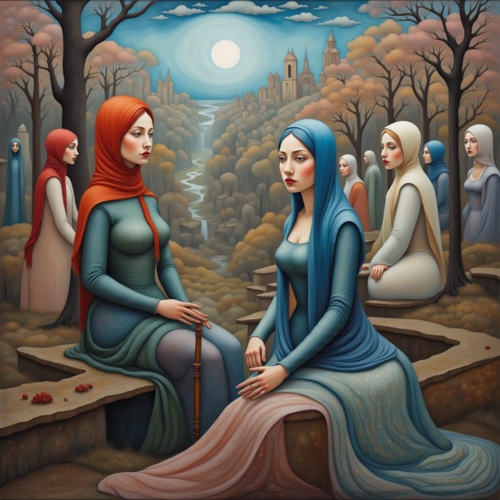 Surreal Townspeople with Hoods and Walking Sticks