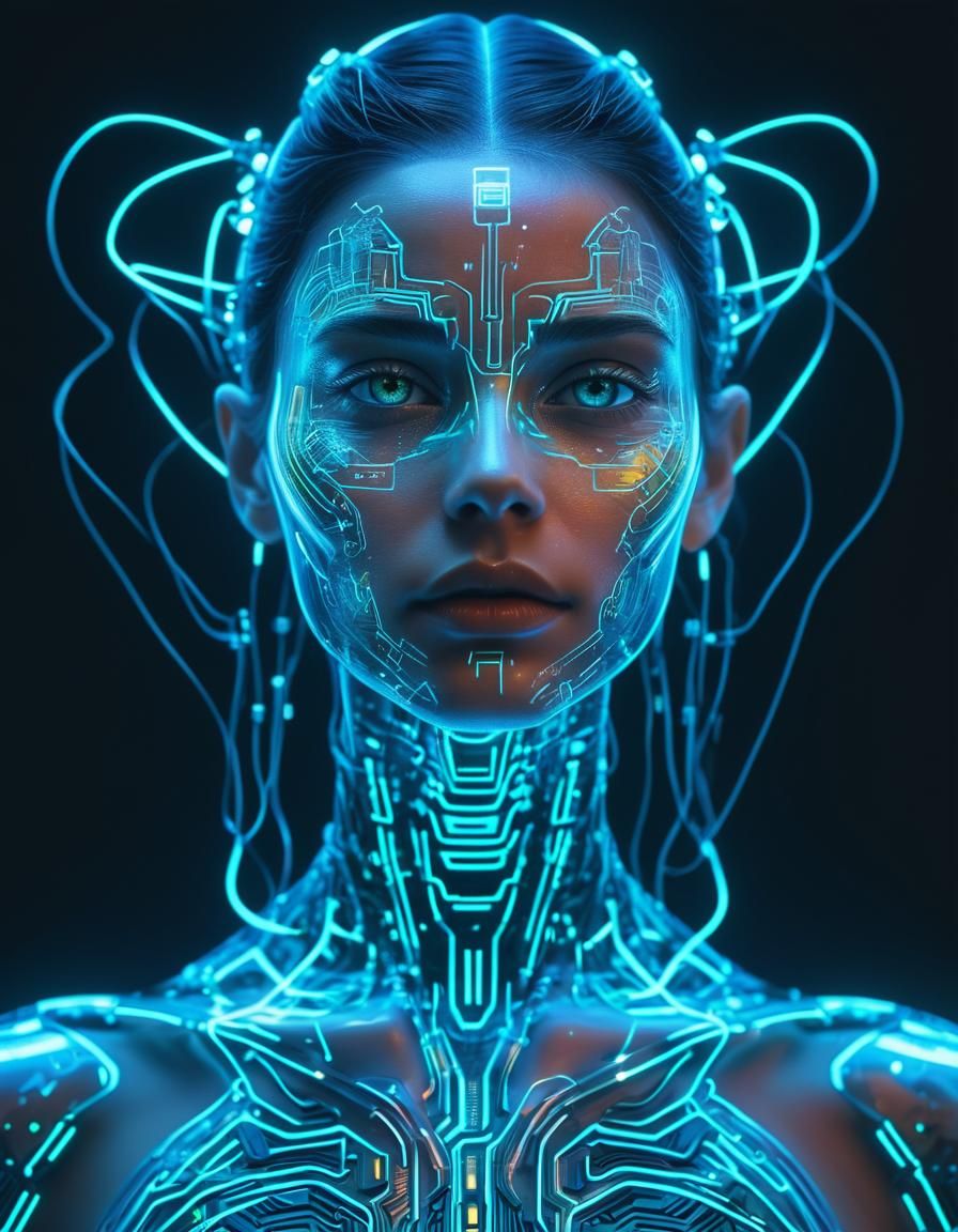 Bioluminescent Woman: Holographic Portrait in Synthwave Styl...