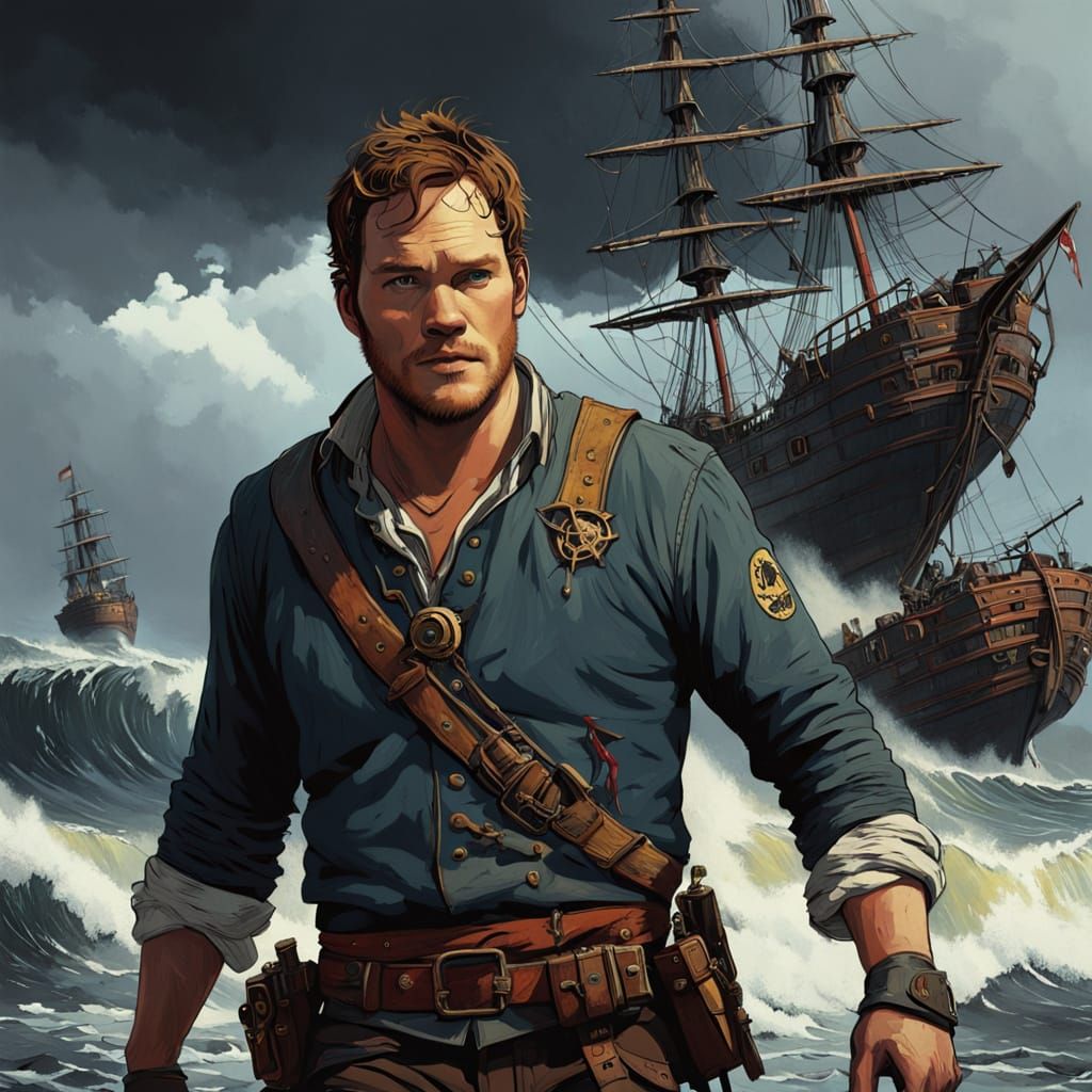 Pirate Captain Battling Hurricane at Sea in Dark, Dramatic S...