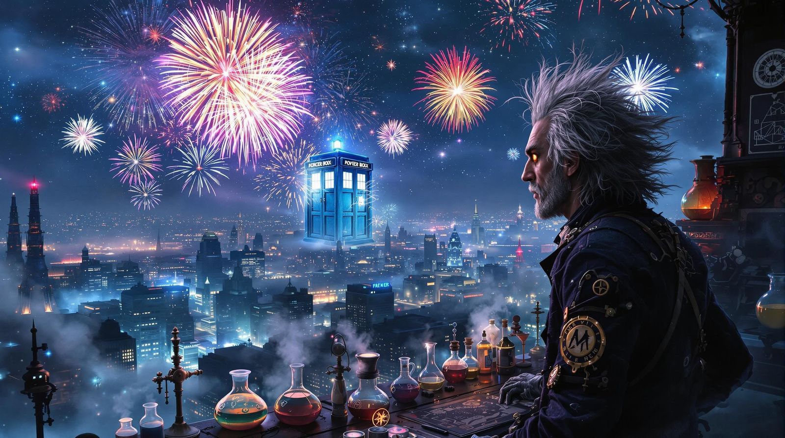 Eccentric Time Traveler Embracing Steampunk Futurism