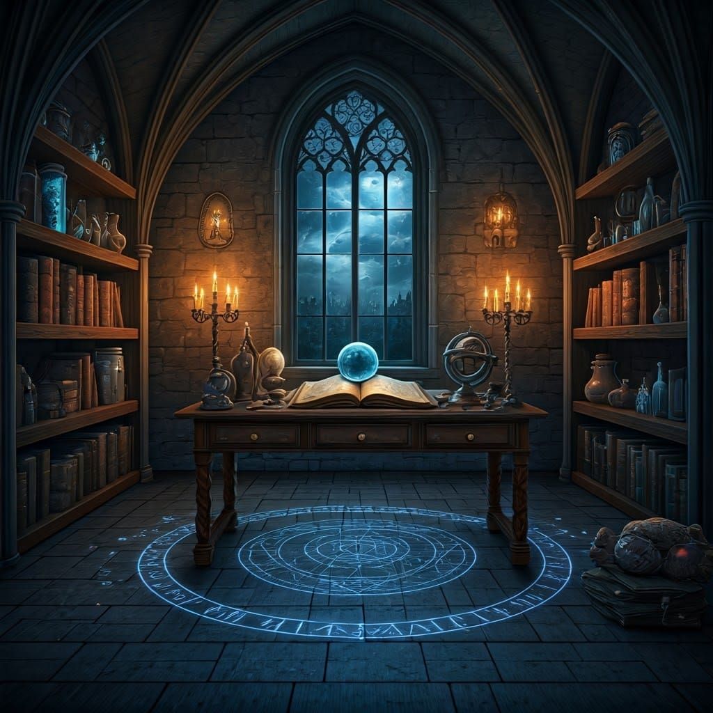 A Mystic's Chamber Filled with Ancient Tomes and Arcane Arti...