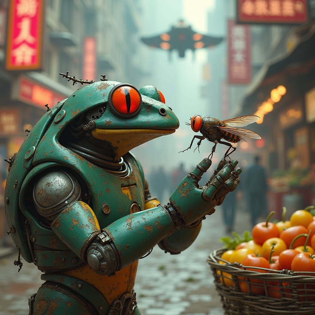 Robotic Frog Inspects Digital Fly in Cyberpunk Market