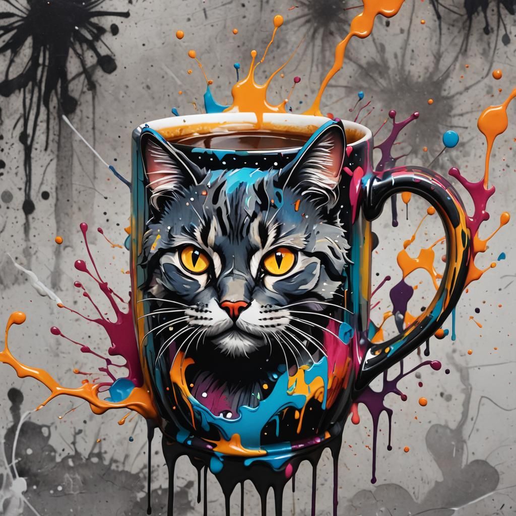 Steaming Cat Mug in Graffiti Splash Art Style