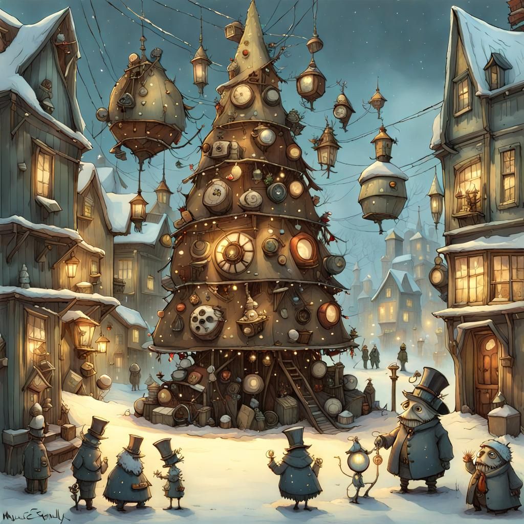 Steampunk Christmas Tree in Eerie Steampunk Village