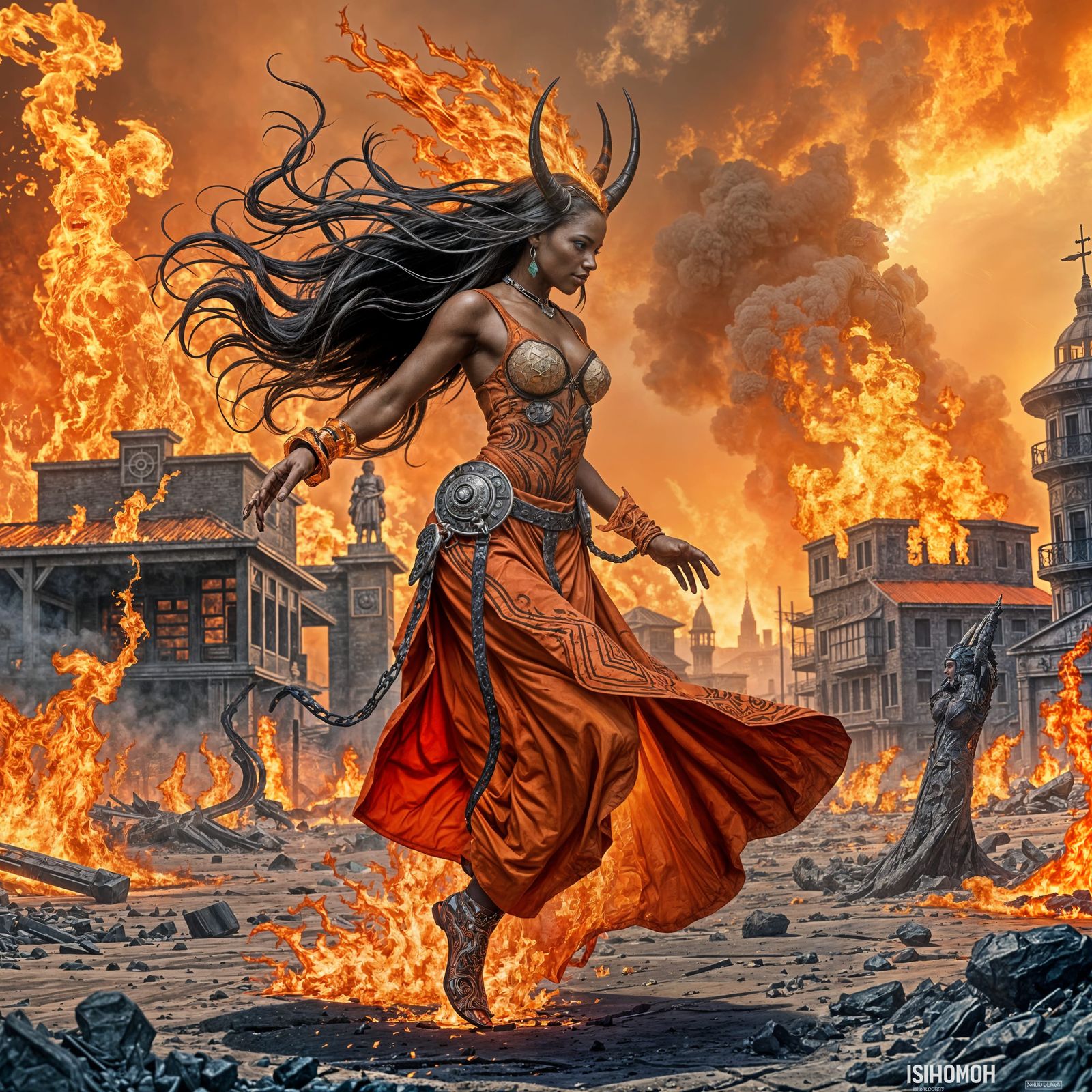 Scorch Siren, dancing on the ruins of a city burnt down by those whe has mesmerised