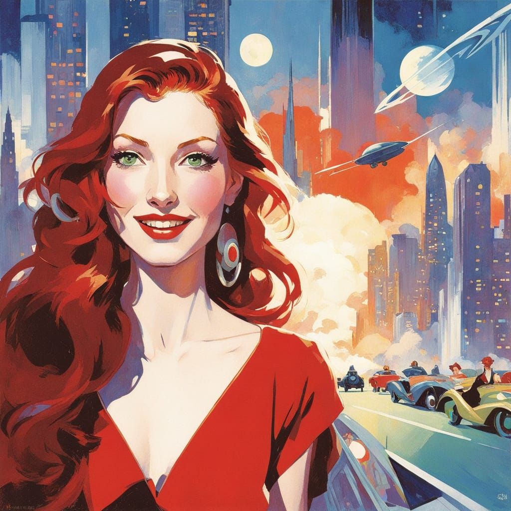 Stunning Girl in Futuristic City, Painted Style