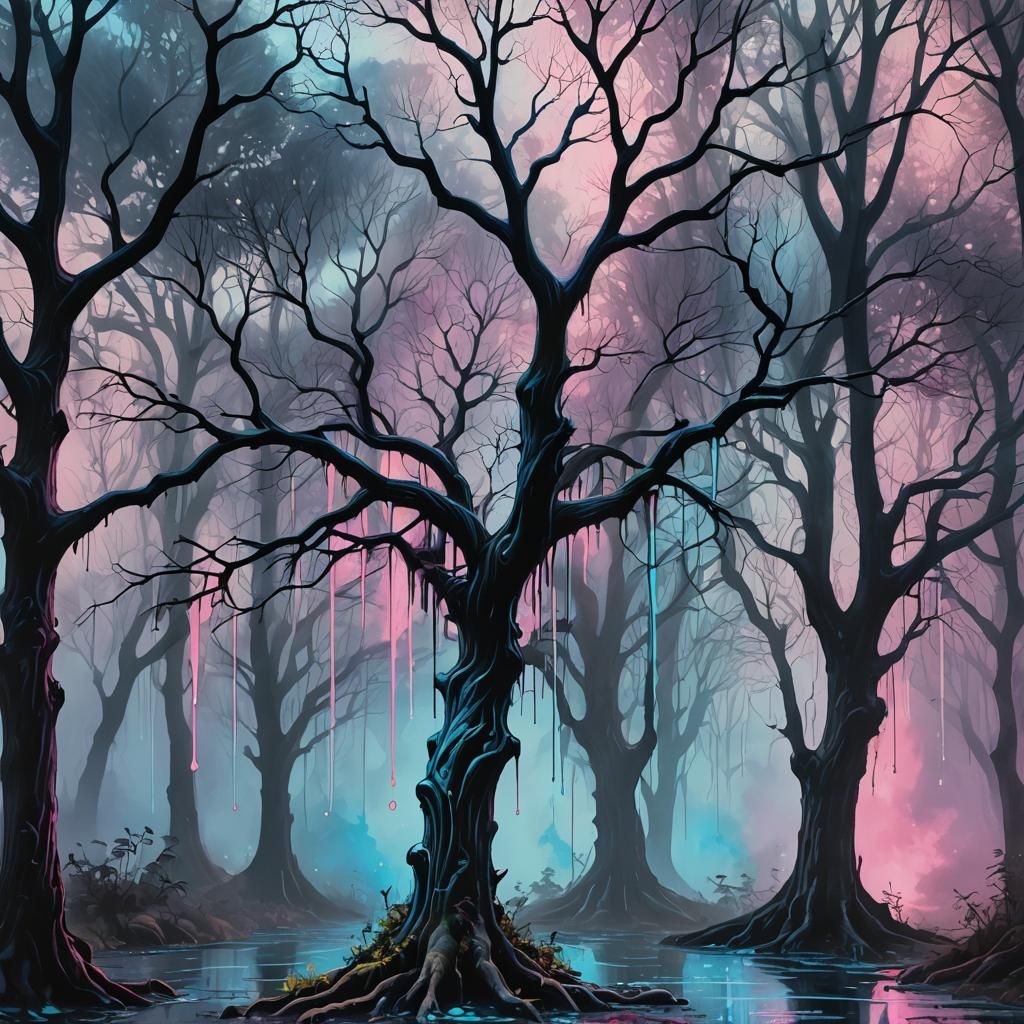 Bioluminescent Fountain in Misty Street Art Style