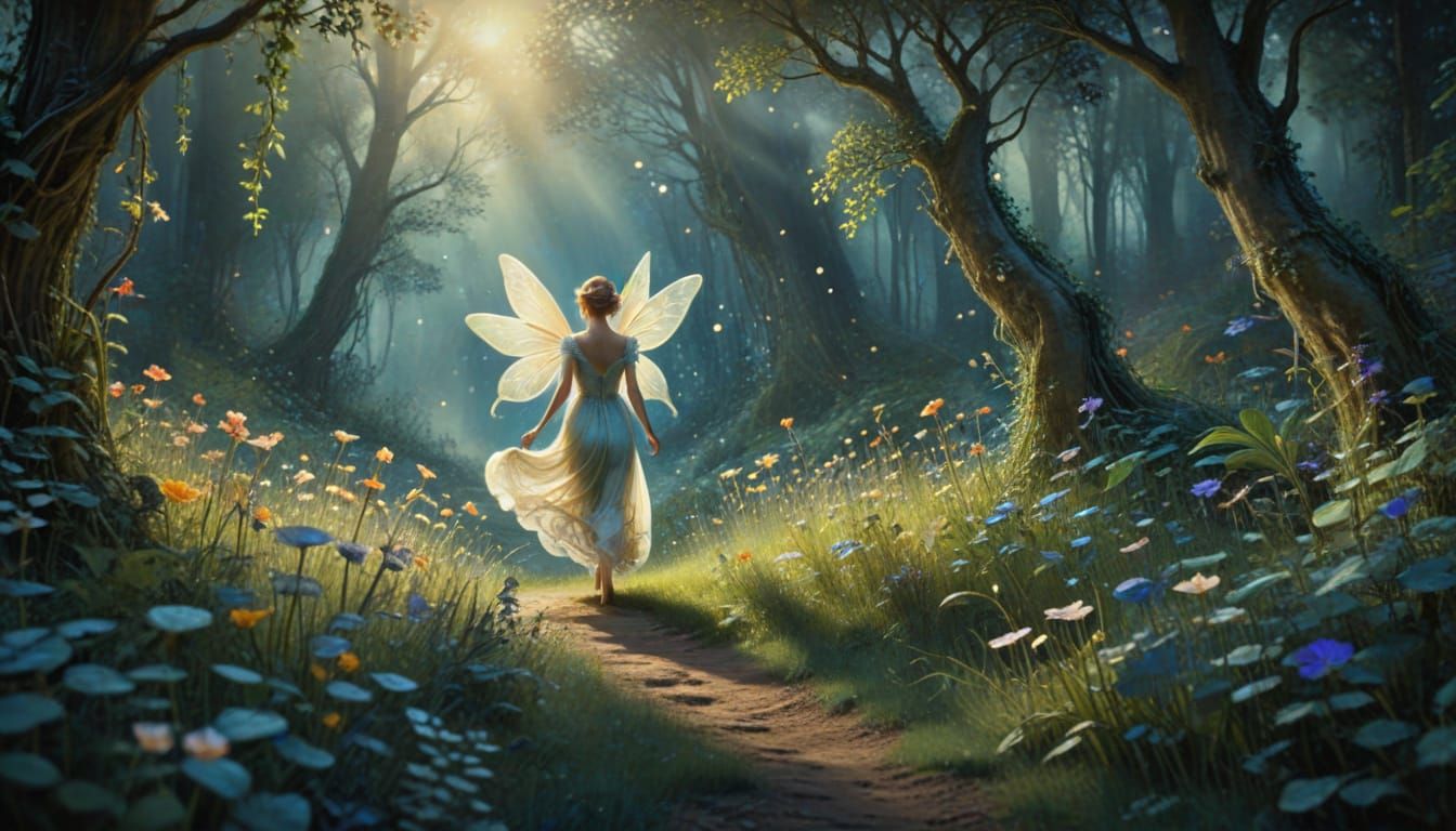 Art Nouveau Fairy in Enchanted Forest Glade