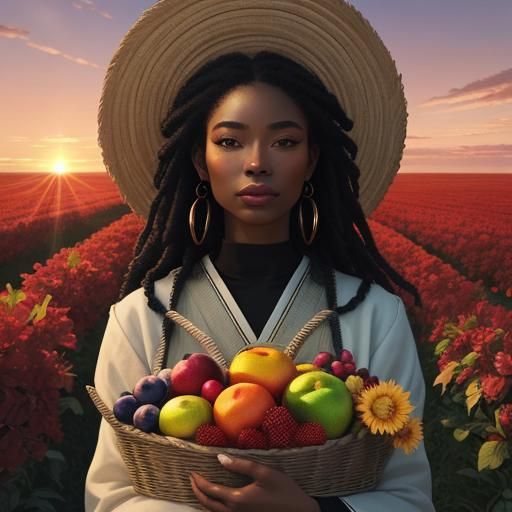 Cinematic Portrait of Woman with Fruit Basket