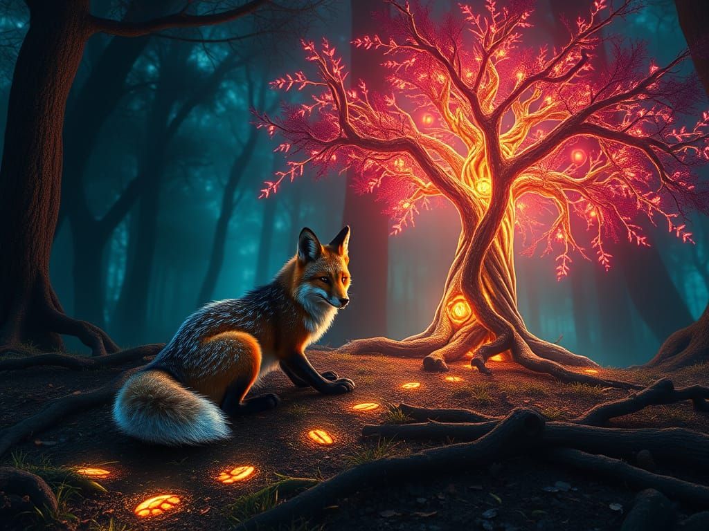 Bioluminescent Fox in Arcane Forest, Digital Matte Painting