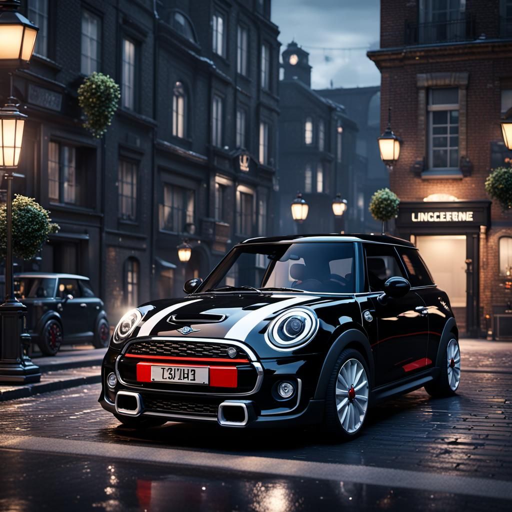 Black Mini Cooper in 3D Game Cinematic Style