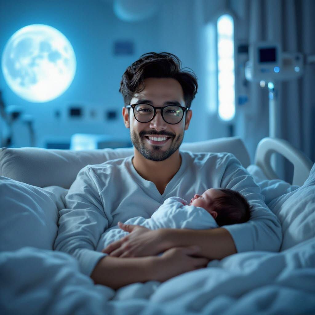 Father and Child in Moonlit Maternity Suite