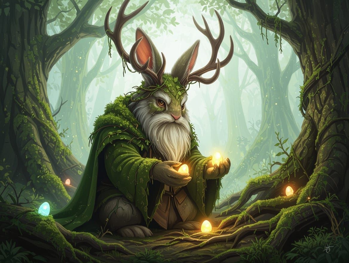 Moss-Covered Forest Guardian Places Glowing Easter Eggs