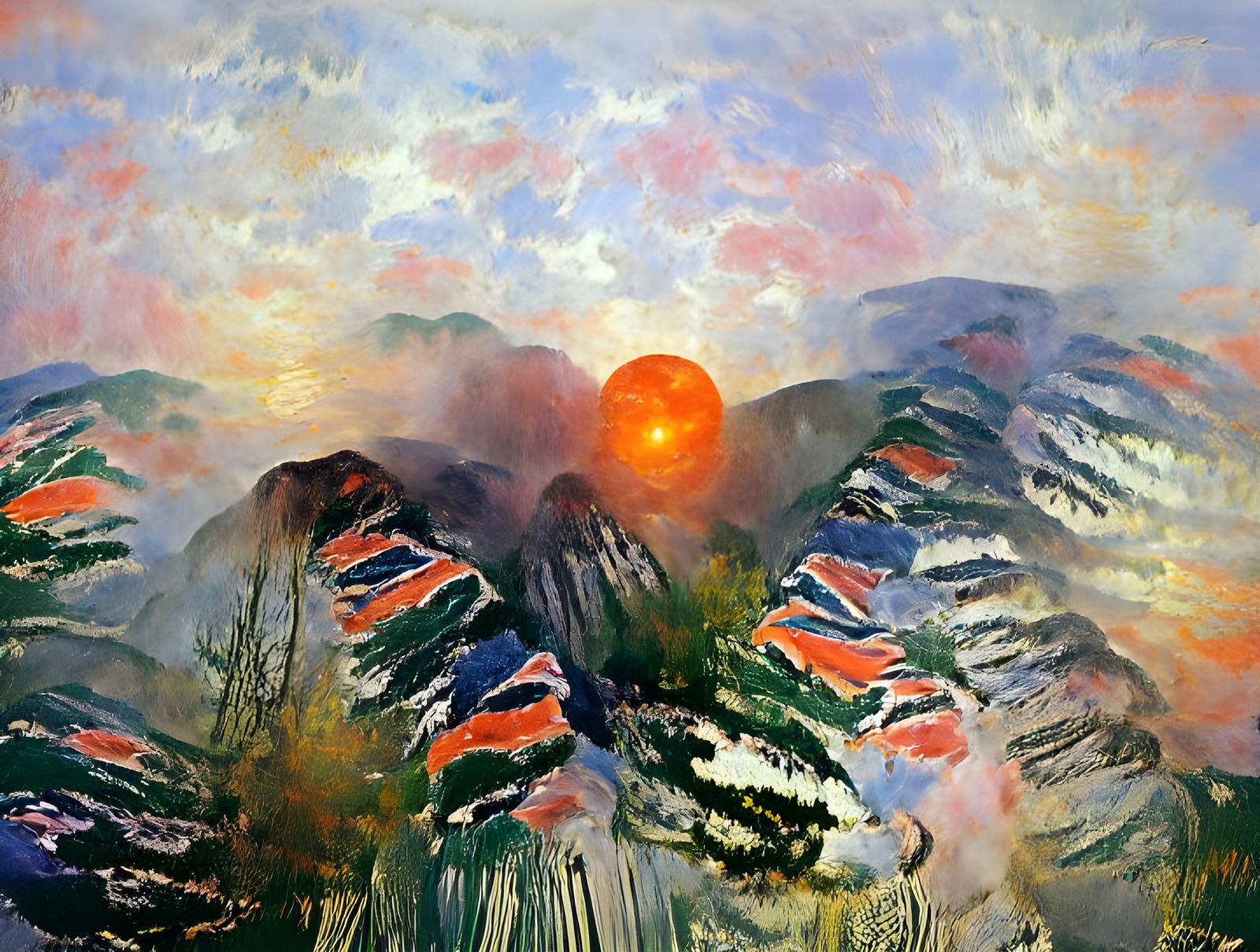 Monet-Inspired Sunrise Over Mountain Landscape