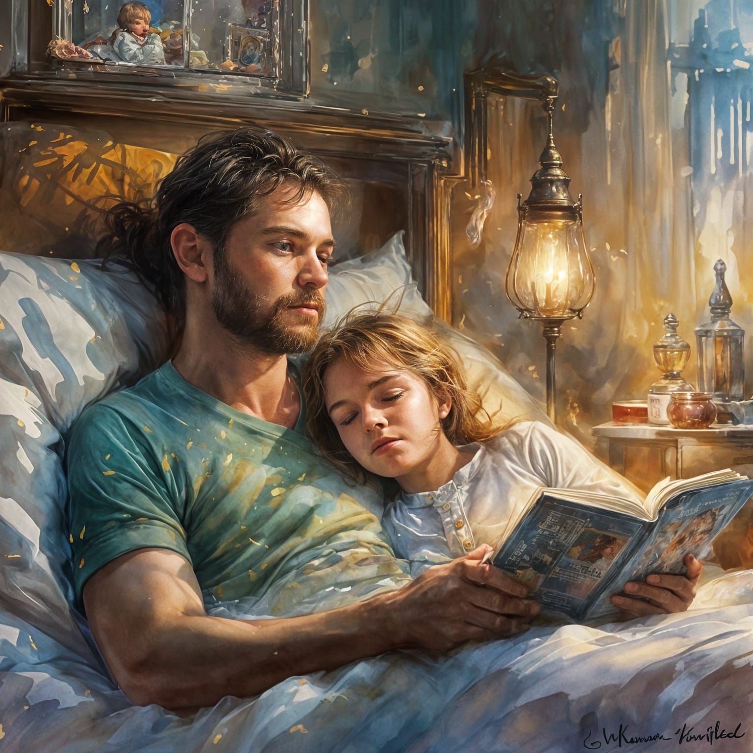 Cozy Bedtime Story Scene in Watercolor Style