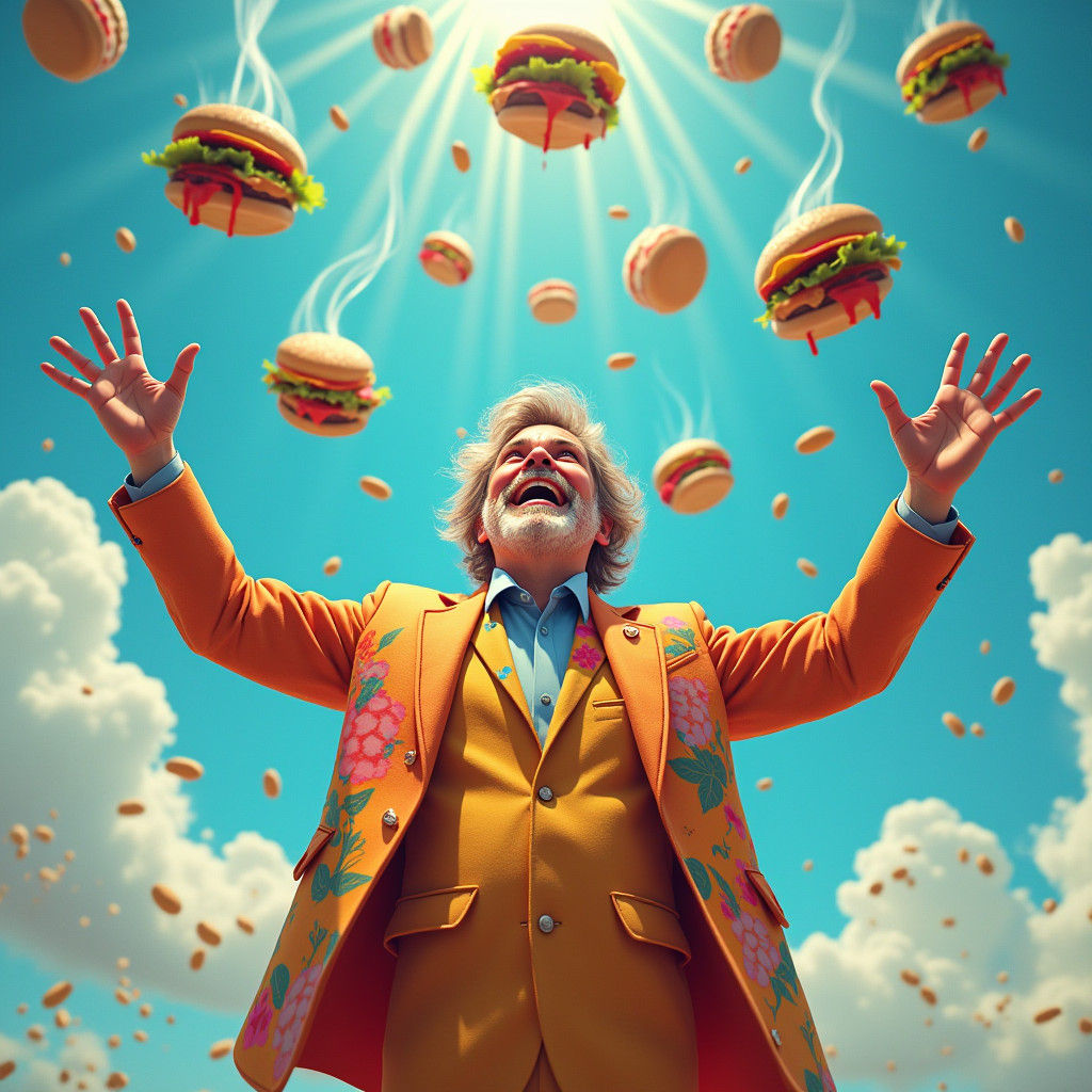 Burgers Rain Down on Thrilled Individual: Digital Art