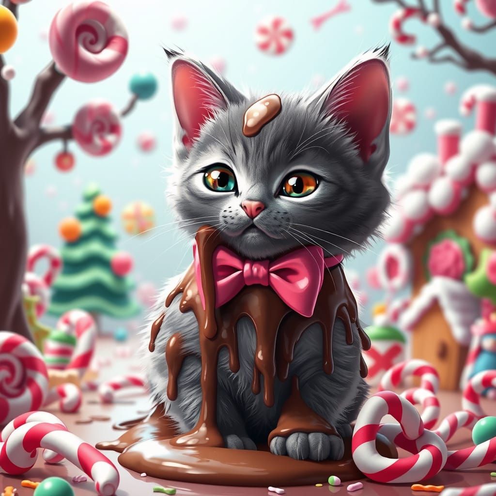 Whimsical Chocolate Wonderland with Gray Kitten
