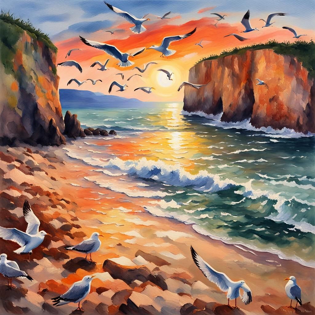 Sunset Beach Scene in Gouache and Watercolor Style