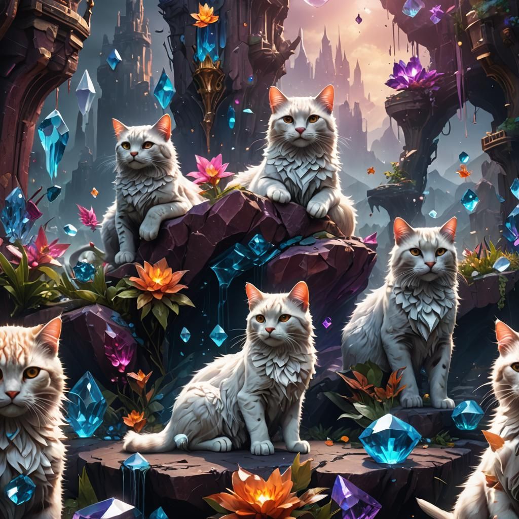 Fantastical Crystal Cats in Detailed Matte Painting