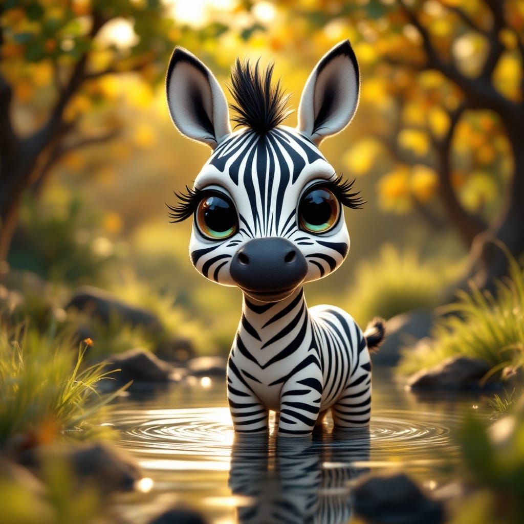 Chibi CGI Zebra Basks in Whimsical Waterhole Scene