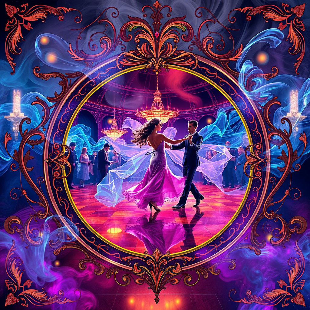 Art nouveau frame, ballroom dancers on a dance floor surrounded by smoke