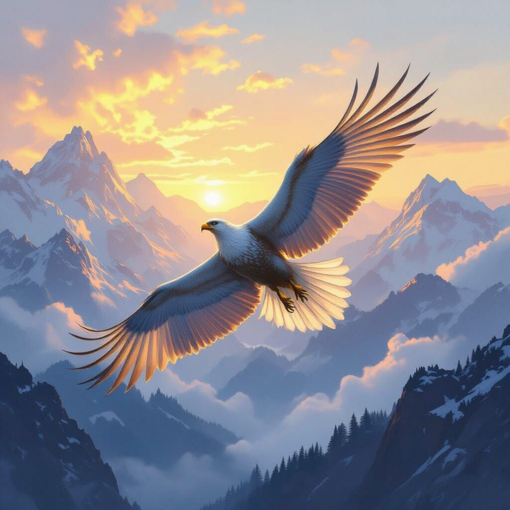 Griffin Soaring Over Misty Mountains at Dawn