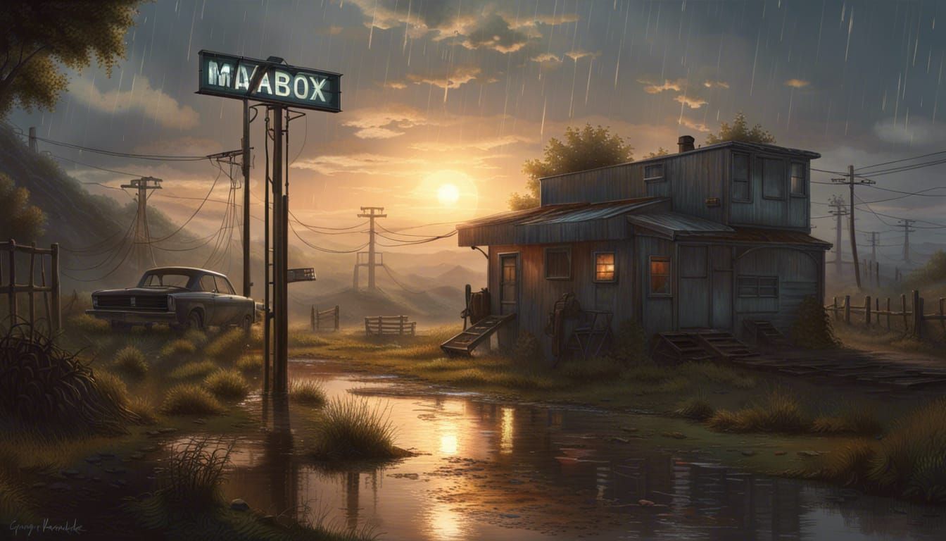 Vintage Sci-Fi Landscape at Rainy Sunrise