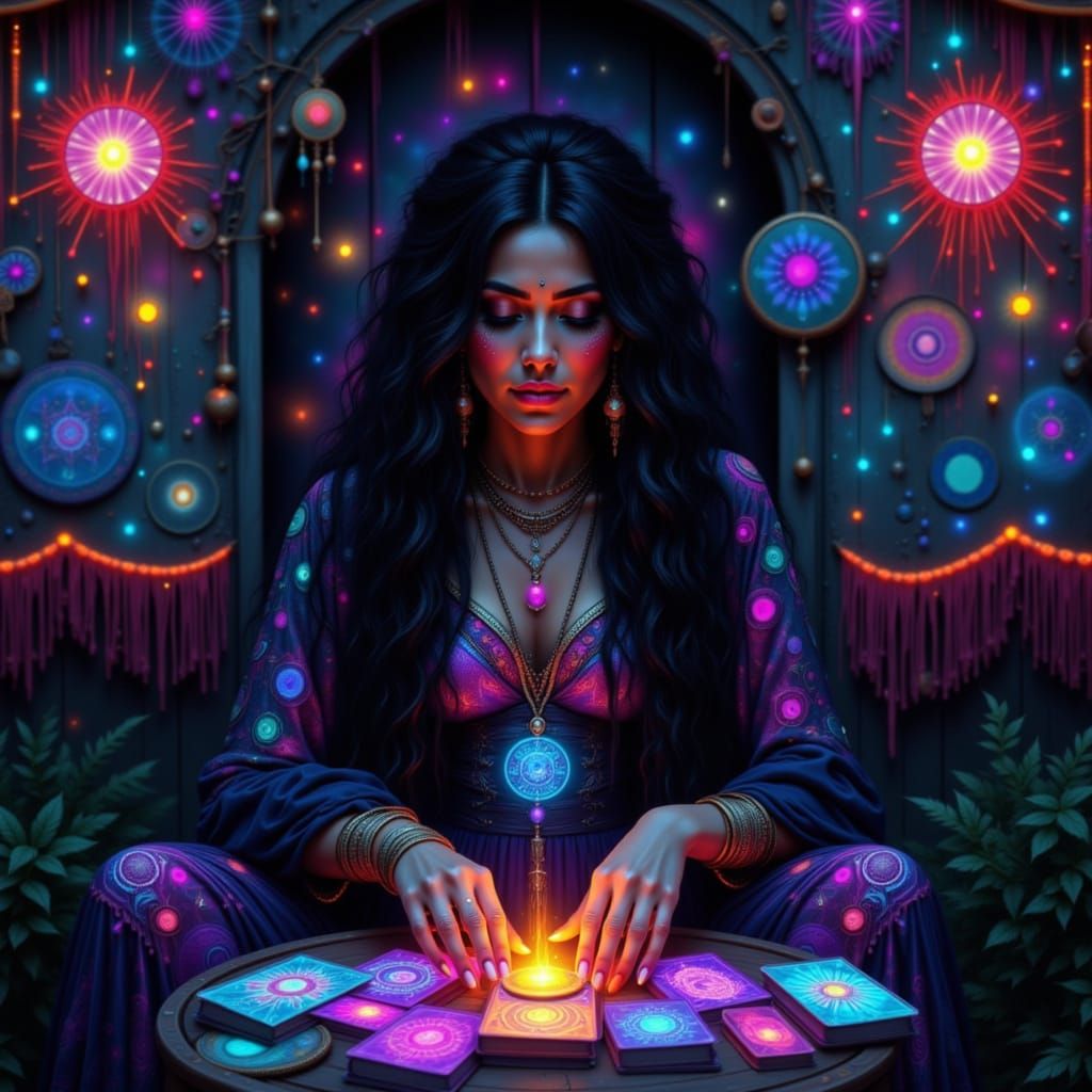 Mystical Bohemian Woman Reading Neon Tarot Cards