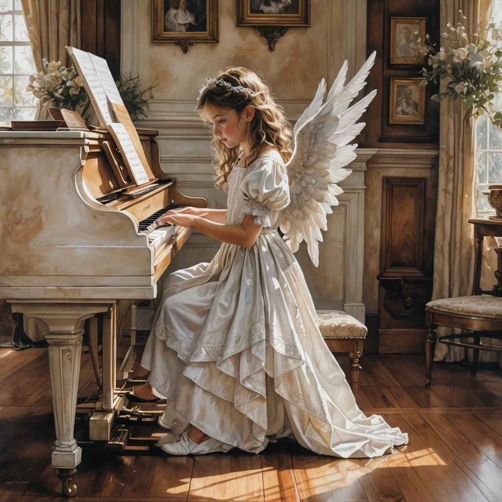 Girl in Angel Costume Playing Piano, Watercolor Style