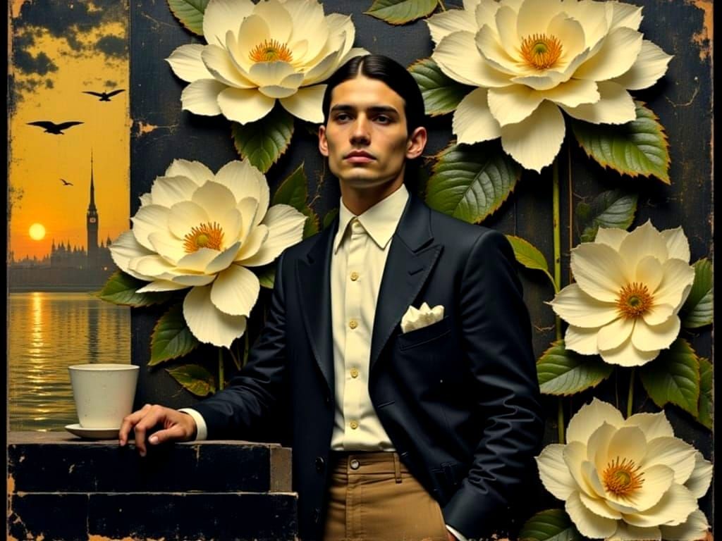 Man in Suit with Art Deco Floral Backdrop
