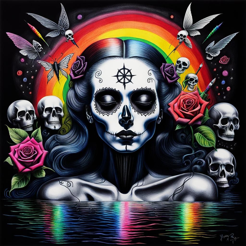 Surreal Crayon Drawing of Goth Woman