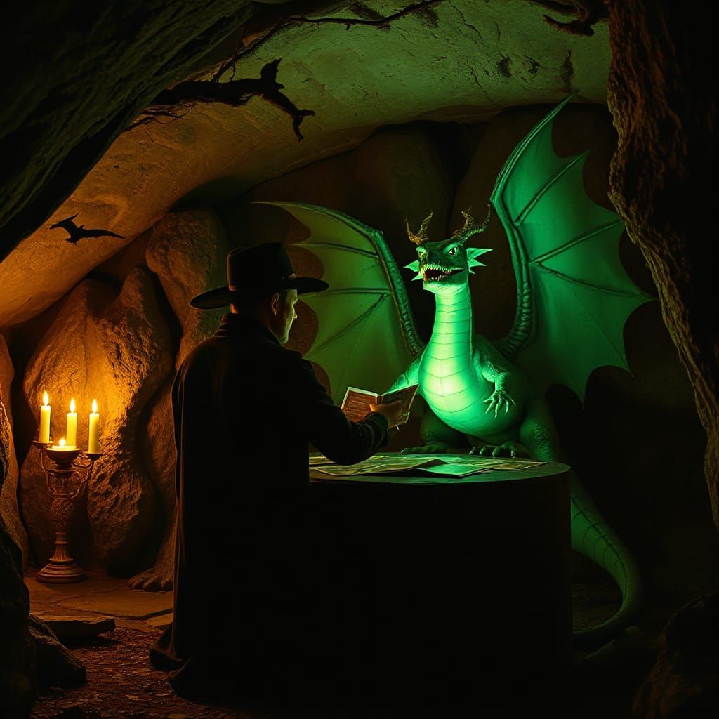Green Dragon Reading Tarot Cards in Mystical Cave