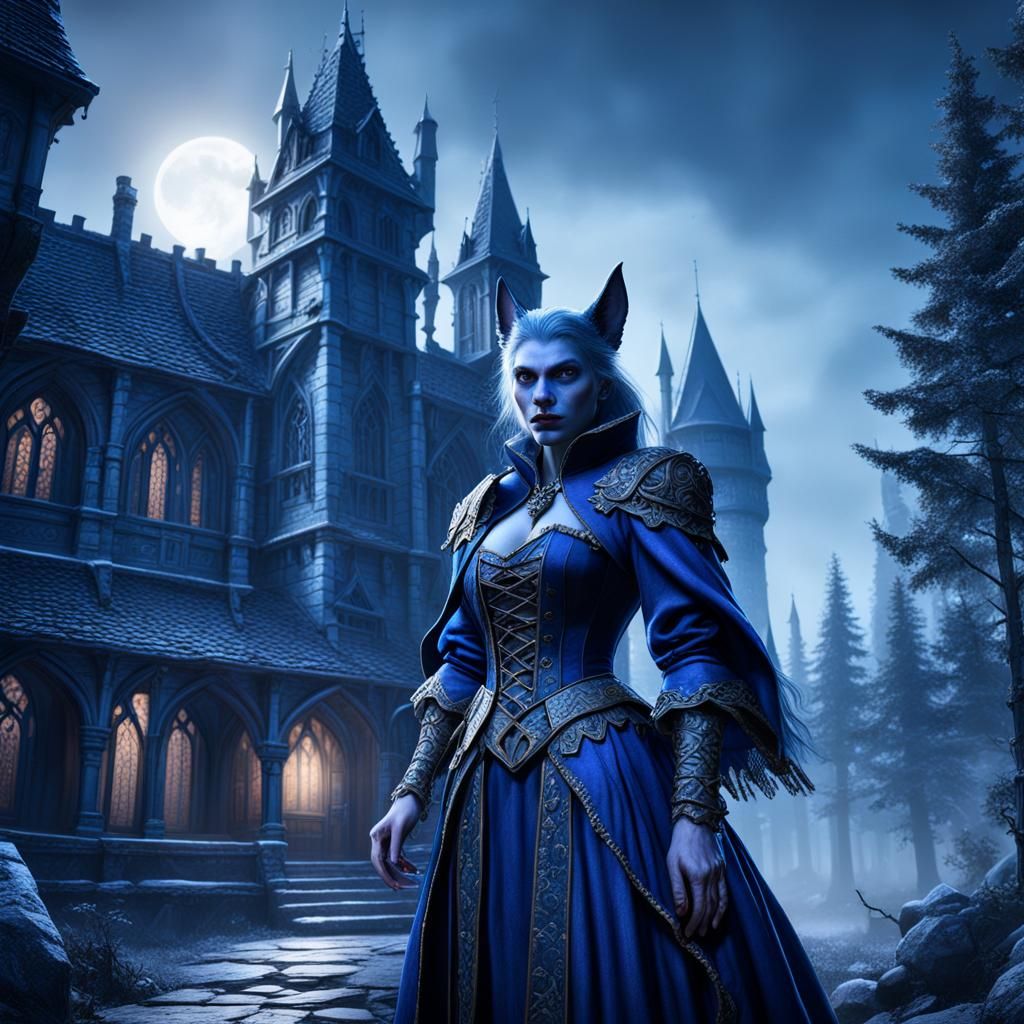 Gothic Werewolf in Mist-Shrouded Manor at Night