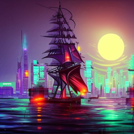 Cyberpunk Pirate Ship at Night