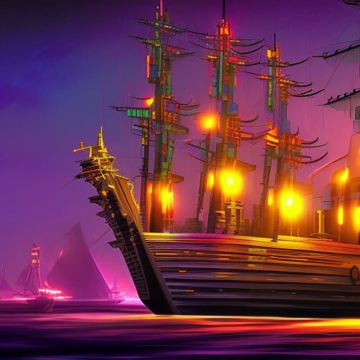 Cyberpunk Pirate Ship at Night