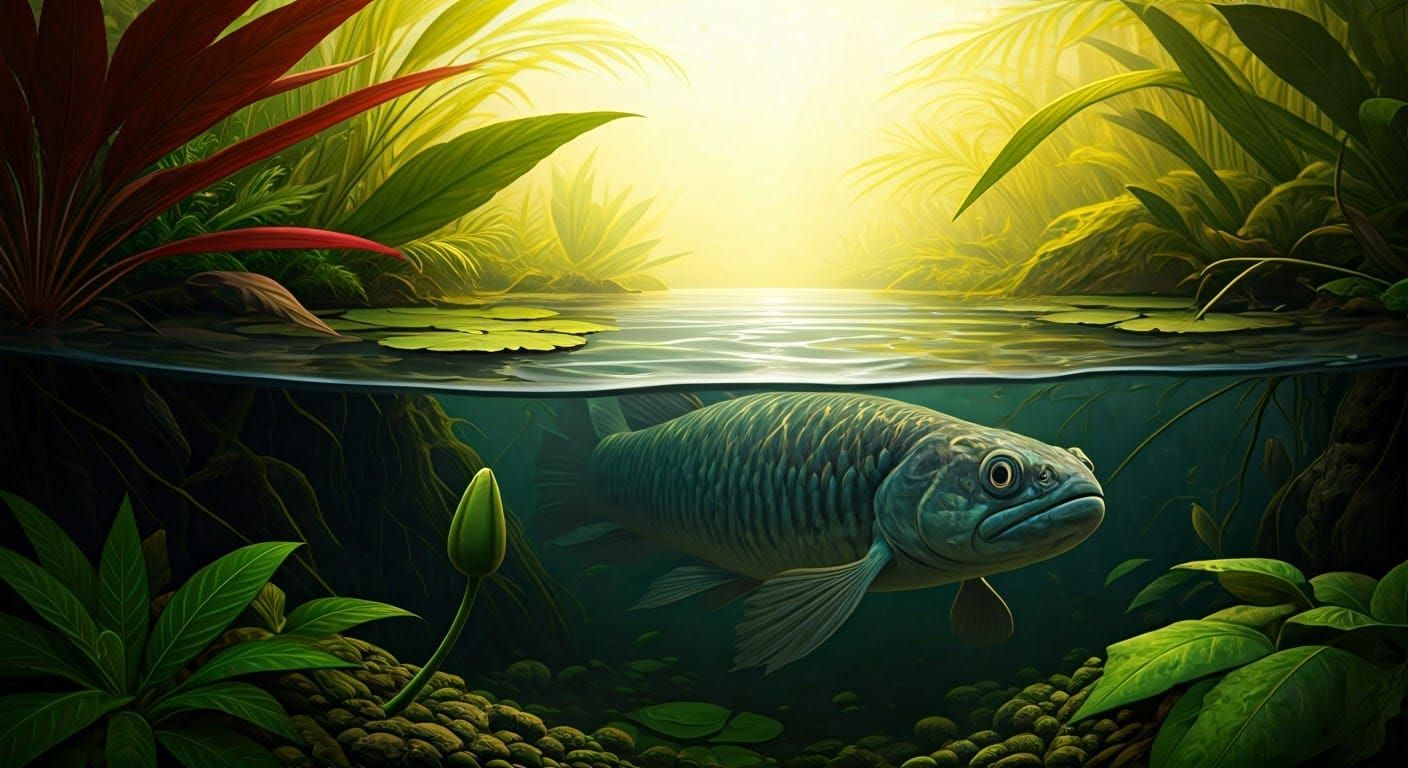 Realistic Paludarium Scene with Kayman and Tropical Freshwat...