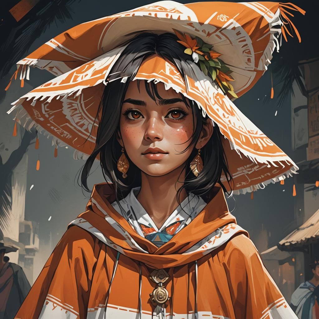 Mexican Woman in Poncho: Anime-Style Portrait