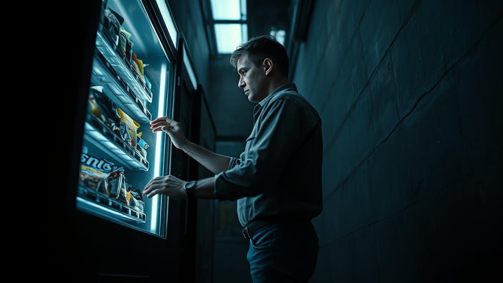 Worker Replenishes Vending Machine in Atmospheric Alleyway