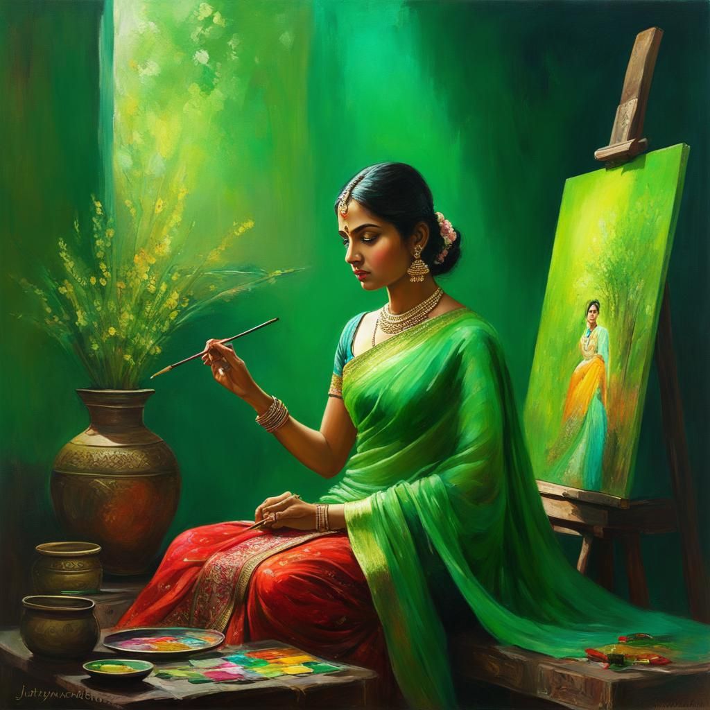 Indian Woman's Self-Portrait in Oil, Luminous Lighting