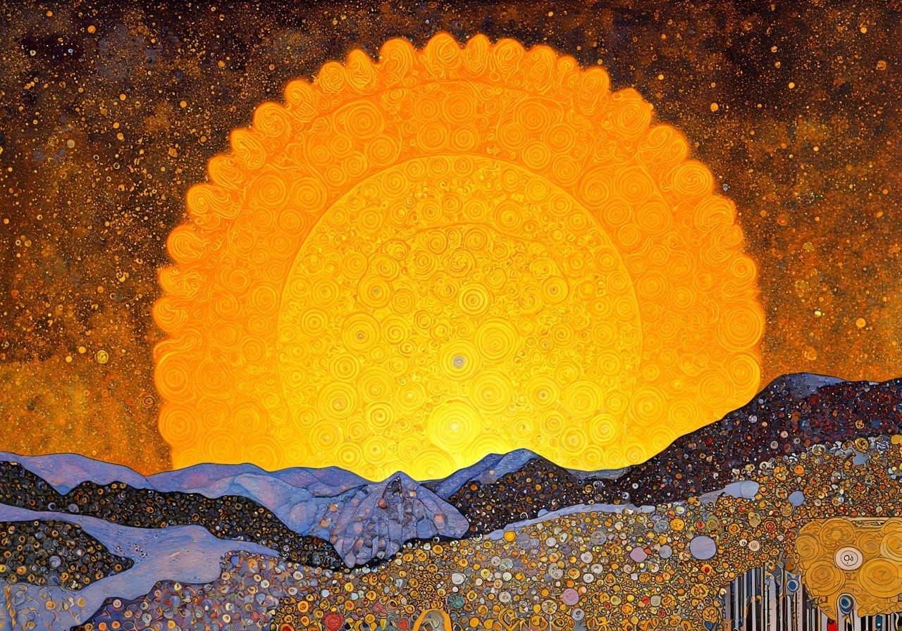 Fiery Sun Over Winter Landscape, Art Nouveau Style