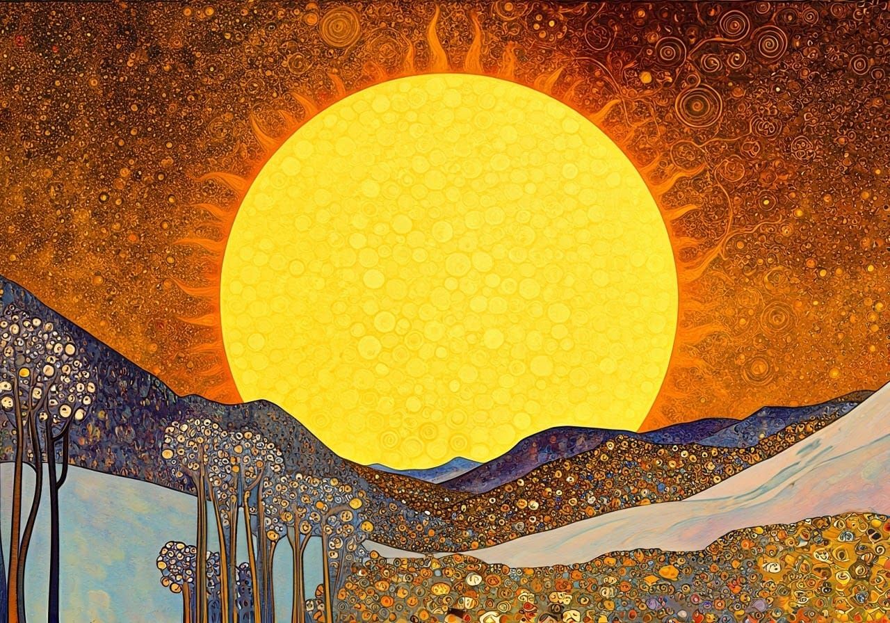 Fiery Sun Over Winter Alps in Art Nouveau Style