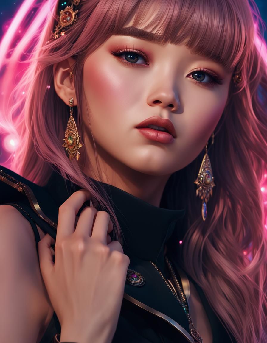 Steampunk K-Pop Portrait in Neon Cityscape